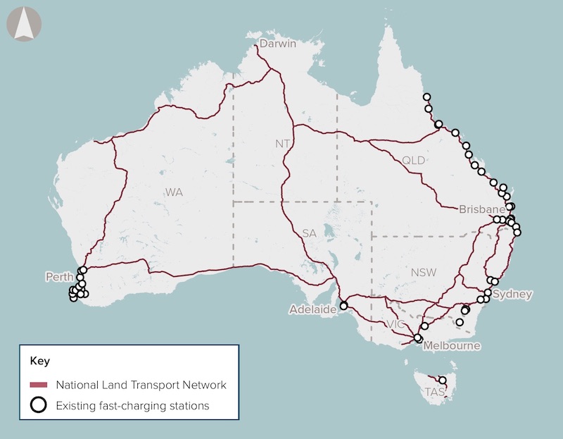 A map of the Australian electric vehicle charging network